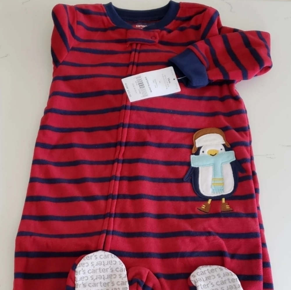 Carter's fleece long sleeved red Penguin PJ's